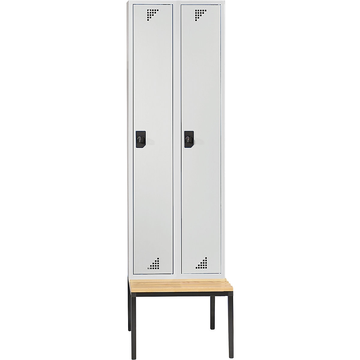 Multi-purpose cupboard and cloakroom locker – eurokraft pro, with seat bench, 2 compartments, width 600 mm, light grey doors-6