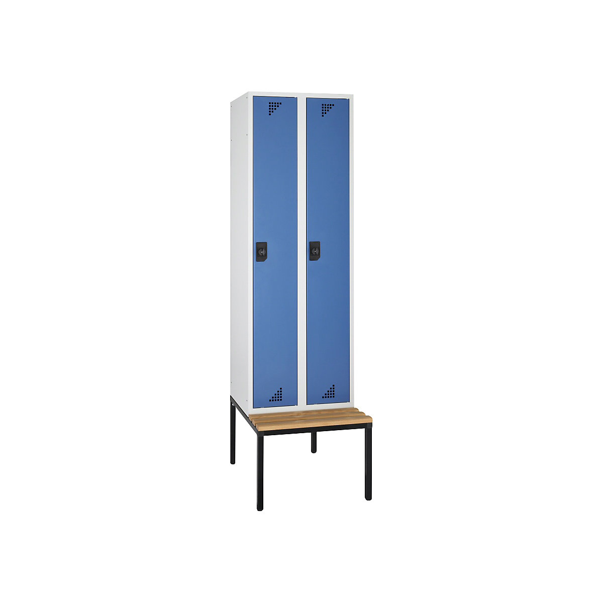 Multi-purpose cupboard and cloakroom locker – eurokraft pro, with seat bench, 2 compartments, width 600 mm, brilliant blue doors-5