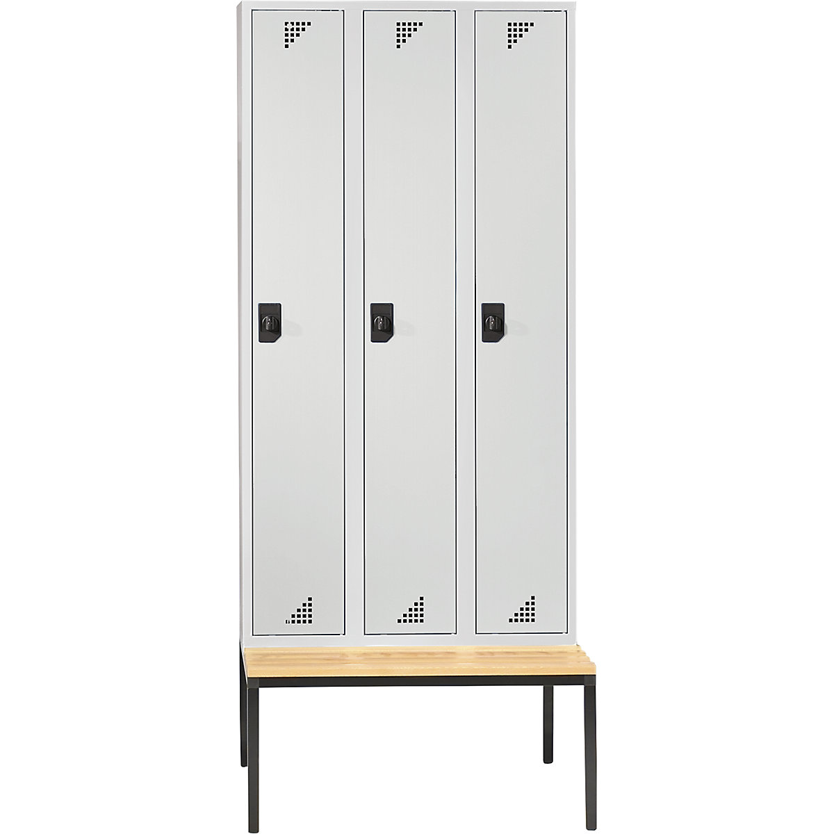Multi-purpose cupboard and cloakroom locker – eurokraft pro, with seat bench, 3 compartments, width 1200 mm, light grey doors-6