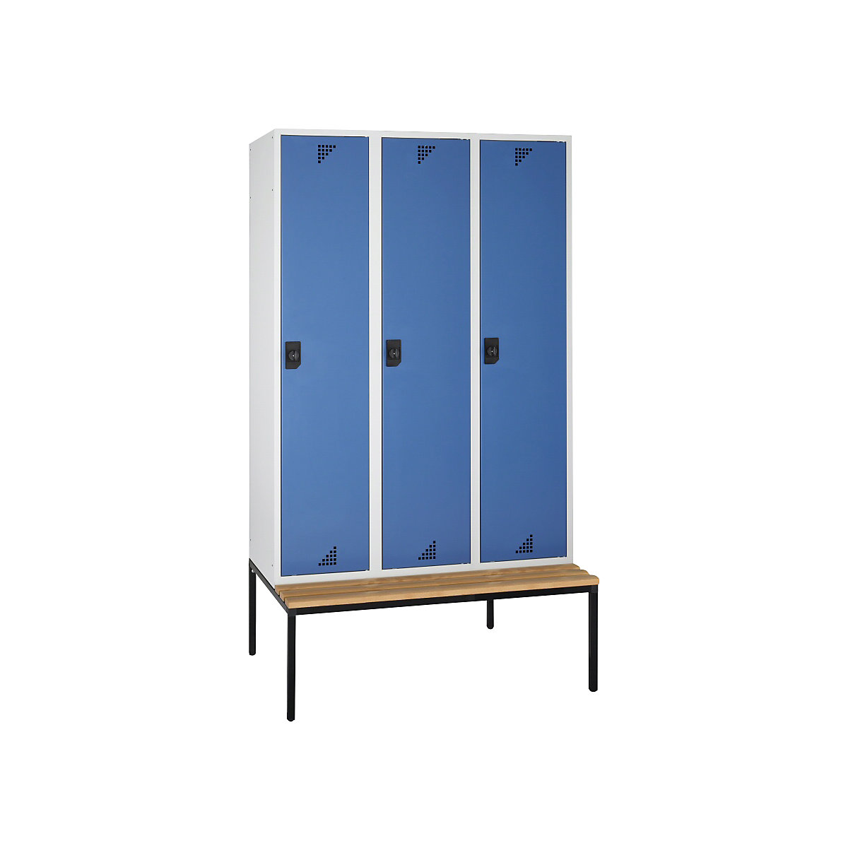 Multi-purpose cupboard and cloakroom locker – eurokraft pro, with seat bench, 3 compartments, width 1200 mm, brilliant blue doors-4