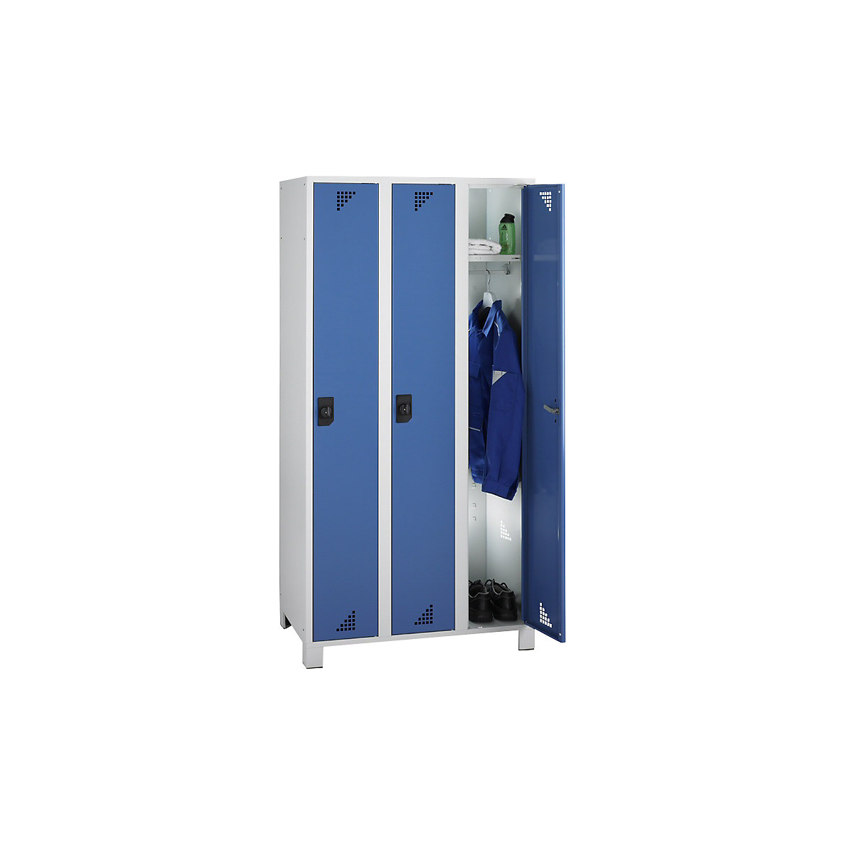Multi-purpose cupboard and cloakroom locker – eurokraft pro, locker height 1695 mm, 3 compartments, width 900 mm, light grey body, brilliant blue doors