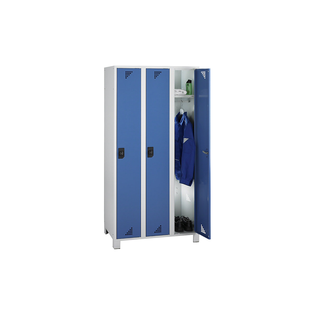 Multi-purpose cupboard and cloakroom locker – eurokraft pro, locker height 1695 mm, 3 compartments, width 900 mm, light grey body, brilliant blue doors-5