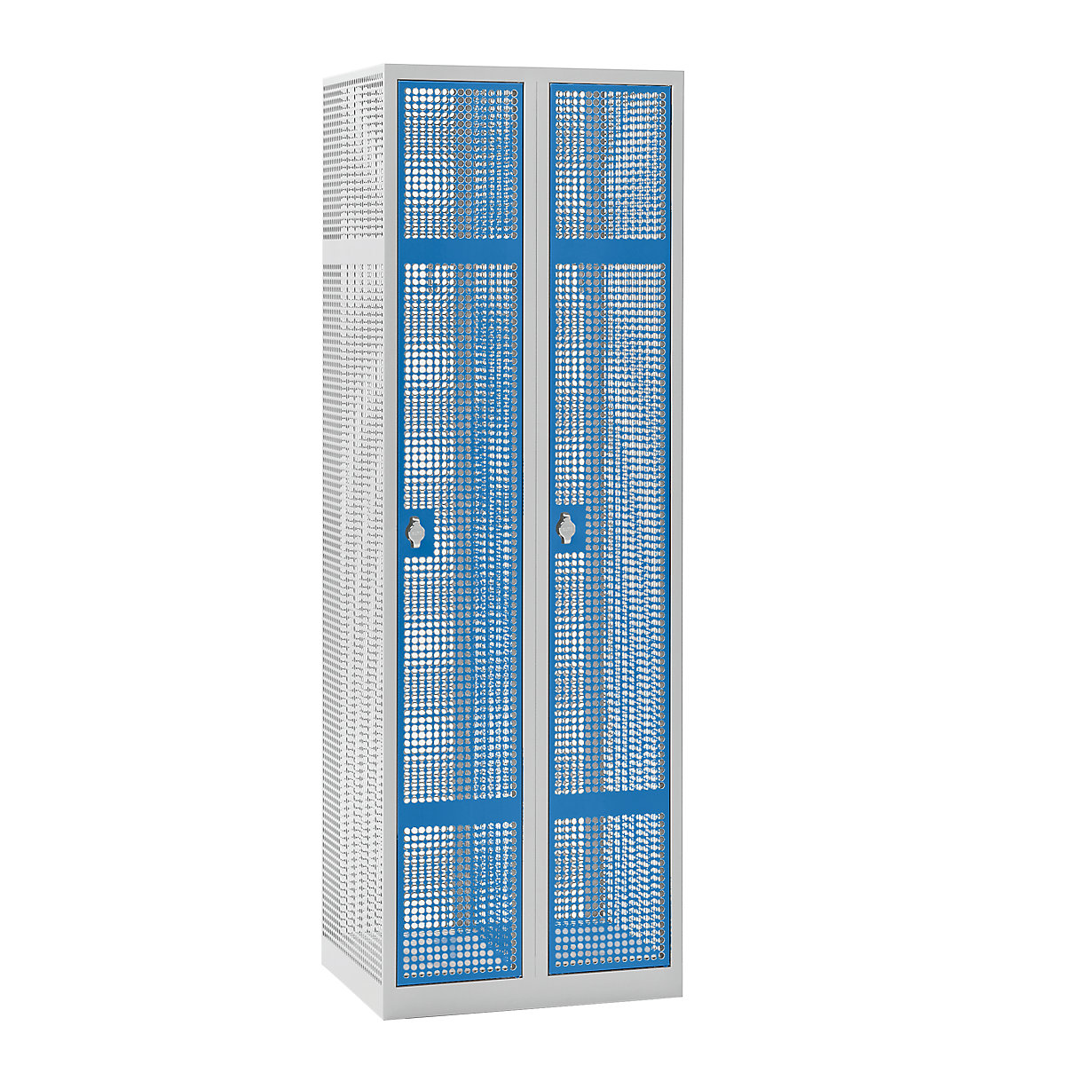 Perforated sheet steel locker, width 600 mm – eurokraft pro, compartment 300 mm, 2 compartments, for padlock, light blue doors-9