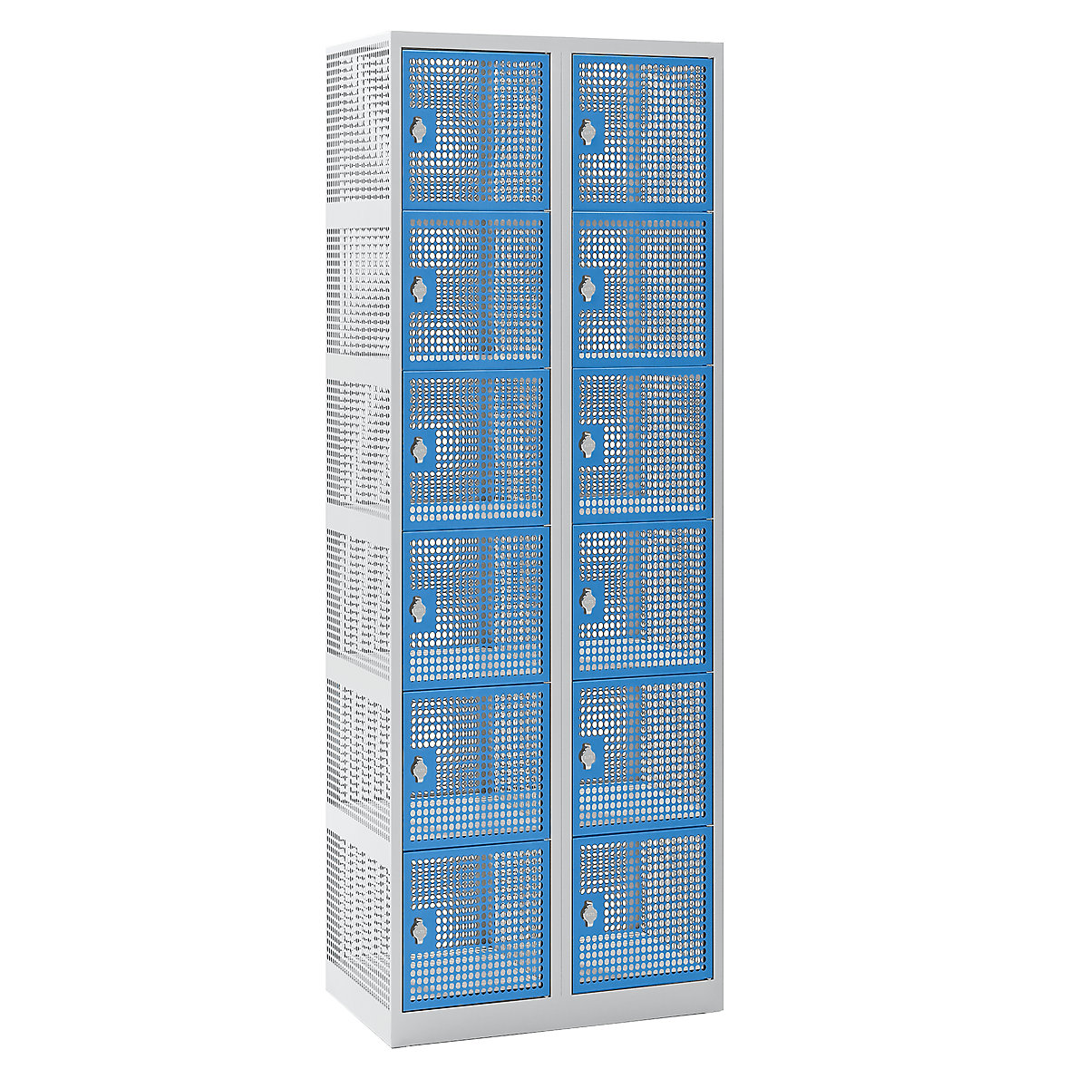 Perforated sheet steel locker, width 600 mm – eurokraft pro, compartment 300 mm, 12 compartments, for padlock, light blue doors-5