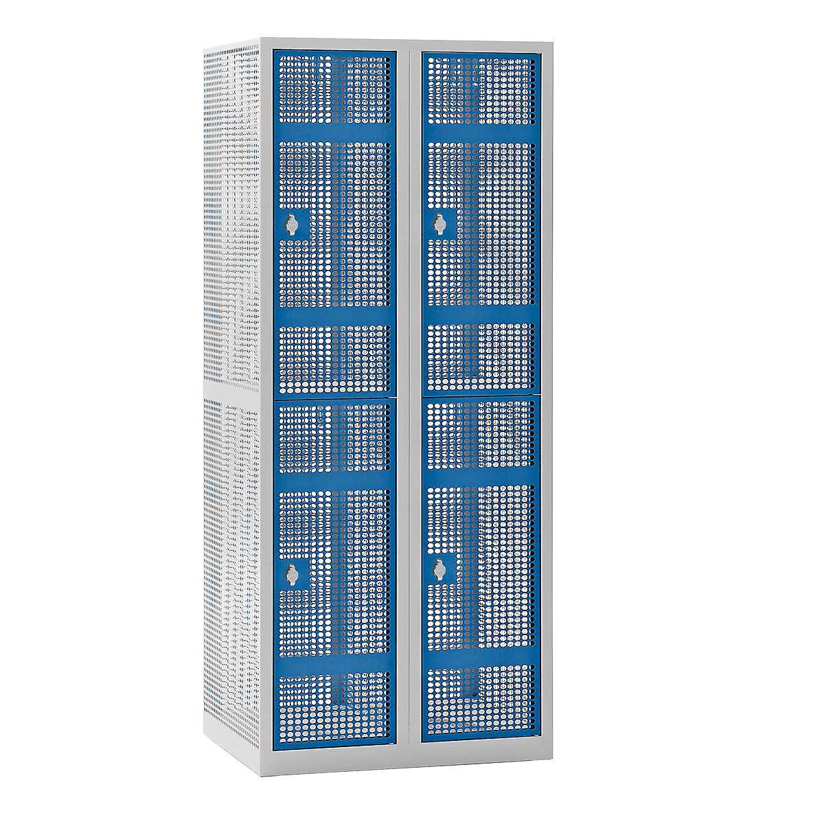 Perforated sheet steel locker, width 800 mm – eurokraft pro, compartment 400 mm, 4 compartments, for padlock, light blue doors