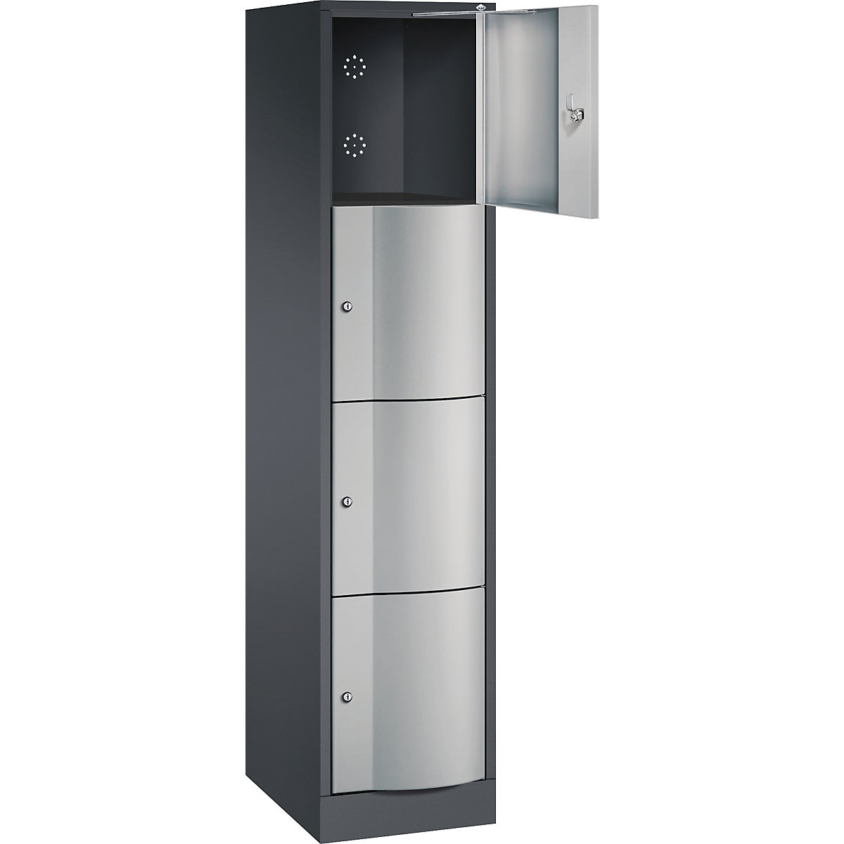 RESISTO compartment locker – C+P, HxWxD 1950 x 396 x 540 mm, 4 compartments, black grey RAL 7021 / white aluminium RAL 9006-8