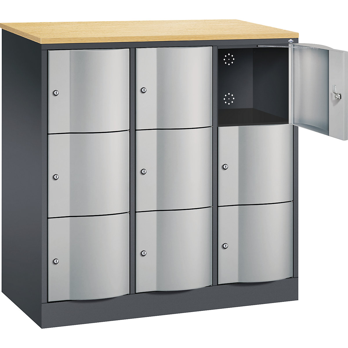 RESISTO compartment locker – C+P, HxWxD 1255 x 1150 x 540, 9 compartments, black grey RAL 7021 / white aluminium RAL 9006-9