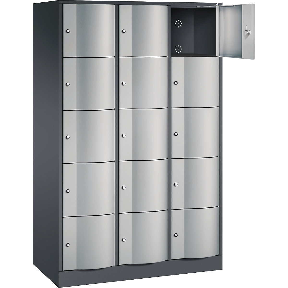 RESISTO compartment locker – C+P, HxWxD 1950 x 1150 x 540, 15 compartments, black grey RAL 7021 / white aluminium RAL 9006-9