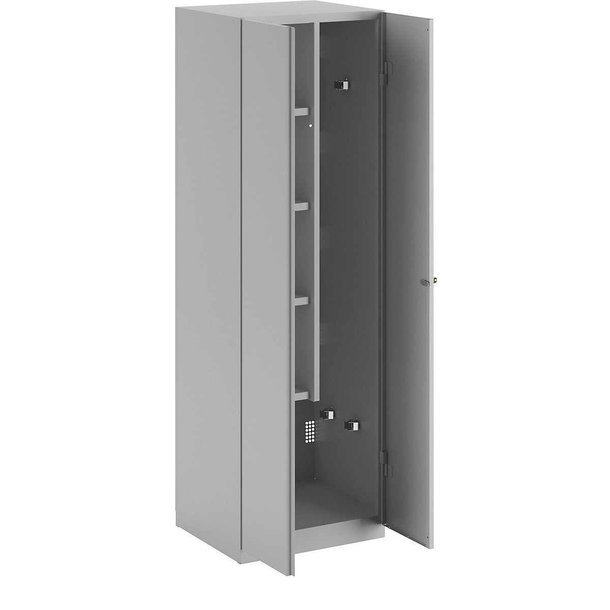 Steel cupboard – Wolf, width 600 mm, 4 shelves, 1 device compartment, light grey doors-6