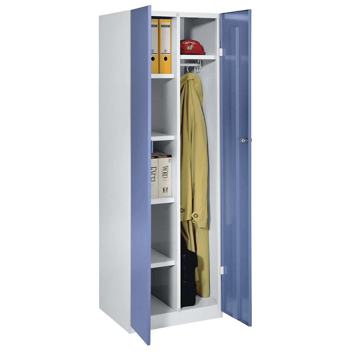 Steel cupboard – Wolf, width 600 mm, 4 shelves, 1 wardrobe section, pigeon blue doors-12