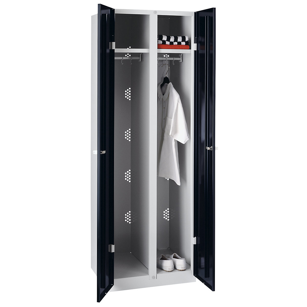 Steel cupboard – Wolf, width 600 mm, 2 wardrobe sections, doors jet black-12