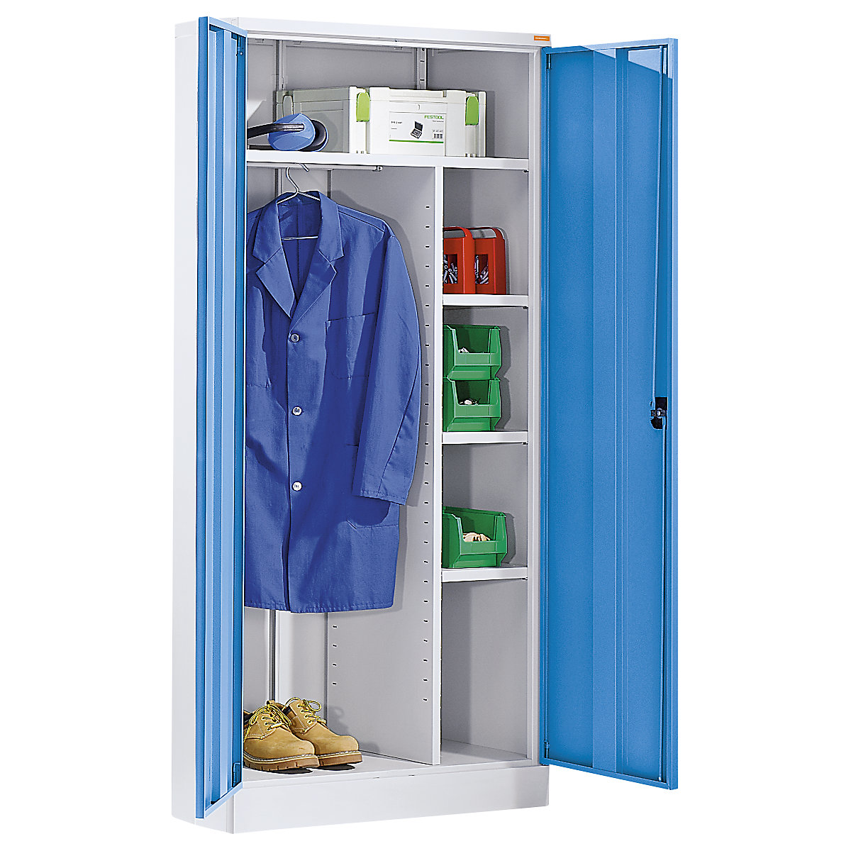Steel cupboard with plinth – eurokraft basic, 1 coat rail, 1 storage shelf, 3 shelves, light grey / light blue-5