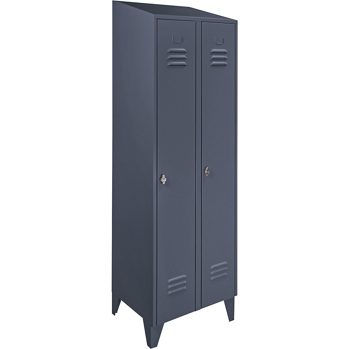 Steel cupboard with sloping top, full height compartments – Wolf, total width 600 mm, 2 compartments, blue grey RAL 7031-4