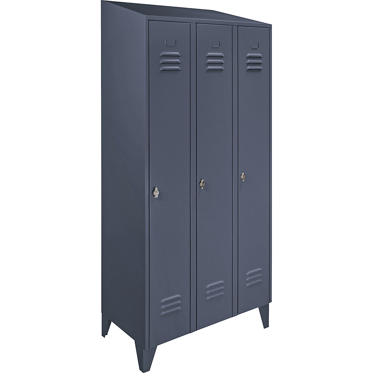 Steel cupboard with sloping top, full height compartments – Wolf, total width 900 mm, 3 compartments, blue grey RAL 7031-3