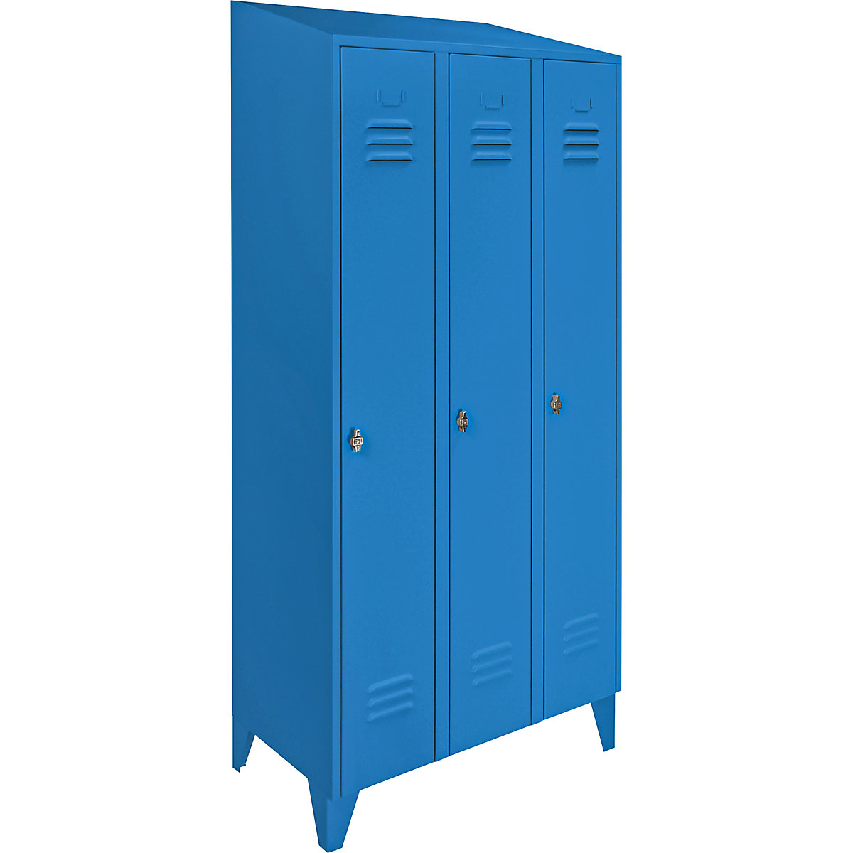 Steel cupboard with sloping top, full height compartments – Wolf, total width 900 mm, 3 compartments, light blue RAL 5012-4