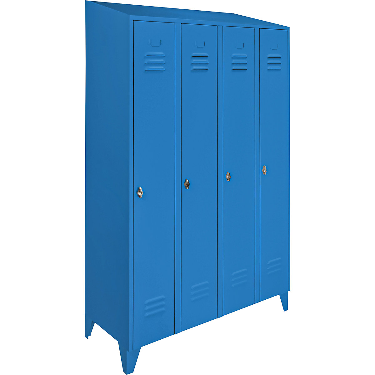 Steel cupboard with sloping top, full height compartments – Wolf, total width 1200 mm, 4 compartments, light blue RAL 5012-3