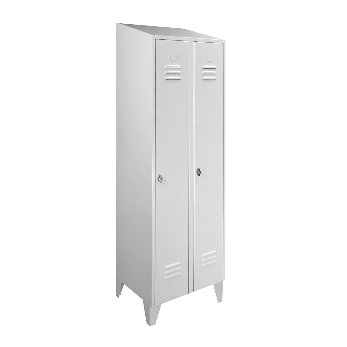 Steel cupboard with sloping top, full height compartments – Wolf, total width 600 mm, 2 compartments, light grey RAL 7035-3