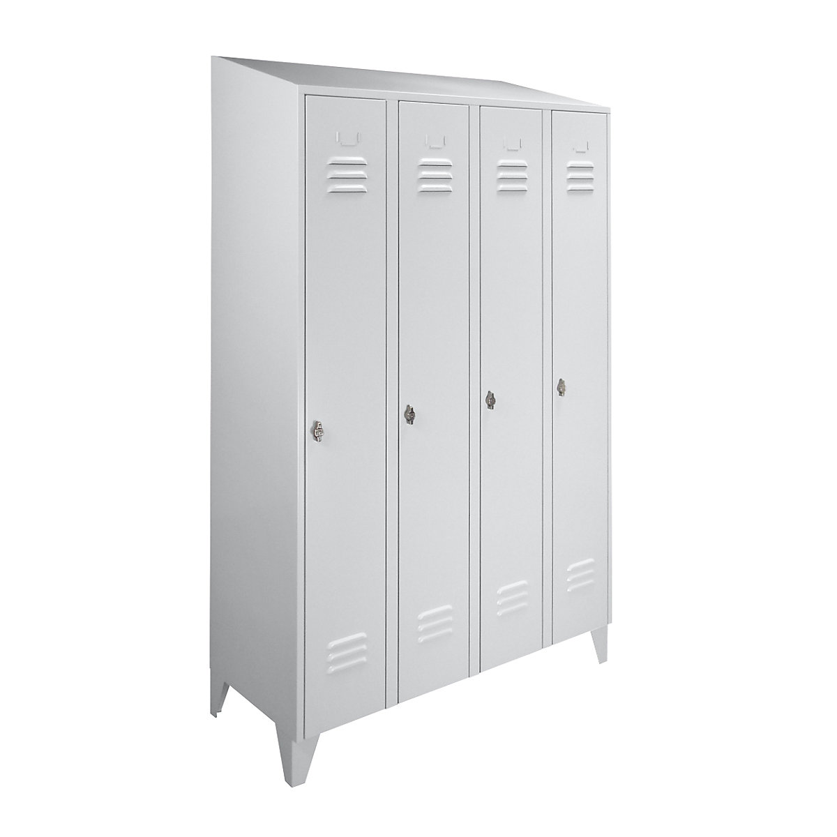 Steel cupboard with sloping top, full height compartments – Wolf, total width 1200 mm, 4 compartments, light grey RAL 7035-4