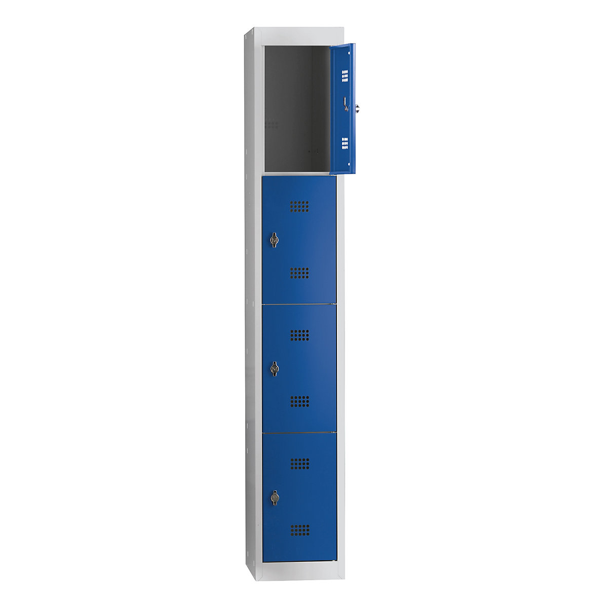 Steel locker, flat pack – Wolf, hinged door, 4 compartments, height 410 mm, width 300 mm, standard element, light grey / gentian blue-15