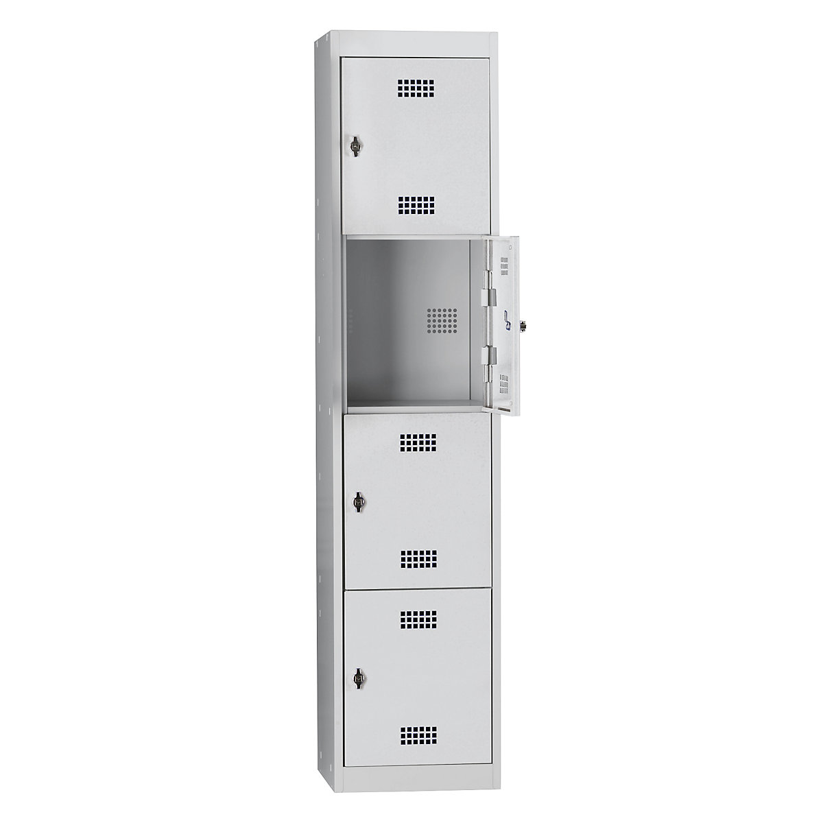 Steel locker, flat pack – Wolf, hinged door, 4 compartments, height 410 mm, width 400 mm, standard element, light grey / light grey-19