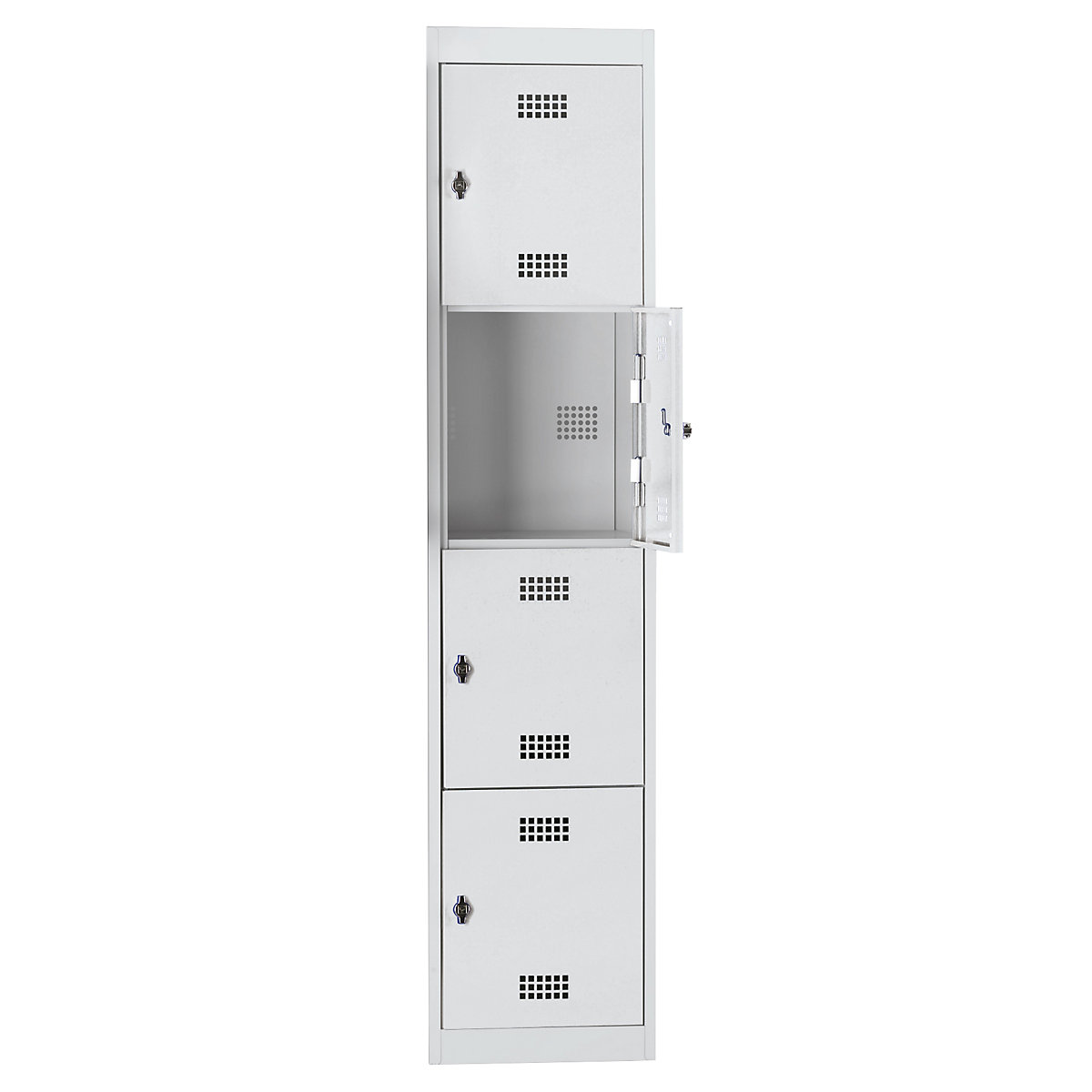 Steel locker, flat pack – Wolf, hinged door, 4 compartments, height 410 mm, width 400 mm, extension element, light grey / light grey-22