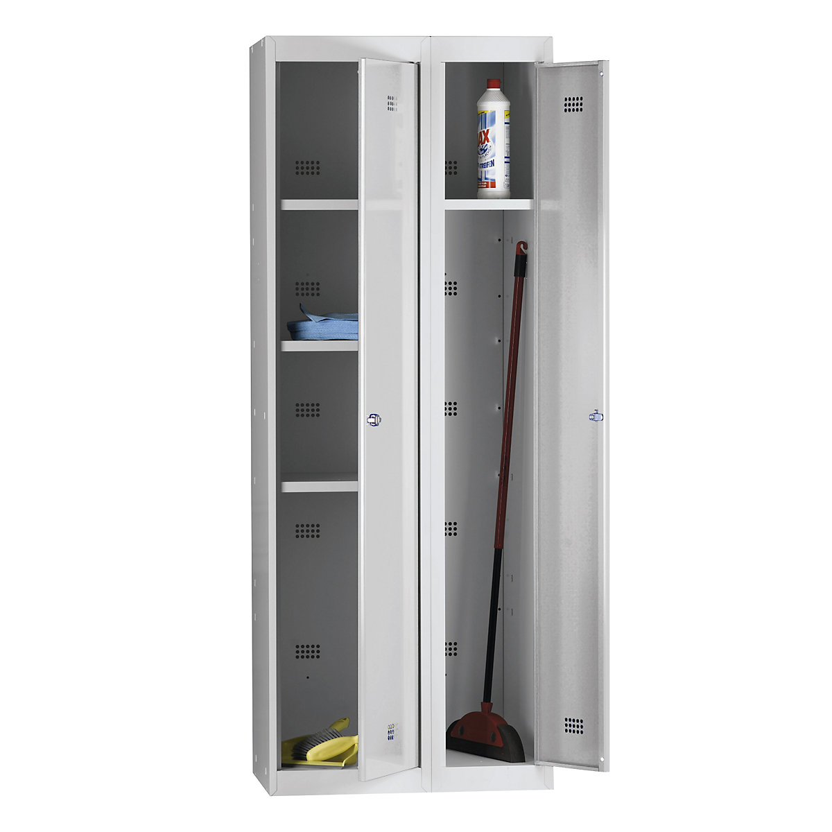 Steel locker, flat pack – Wolf, hinged door, 2 compartments, overall width 700 mm, light grey / light grey-6
