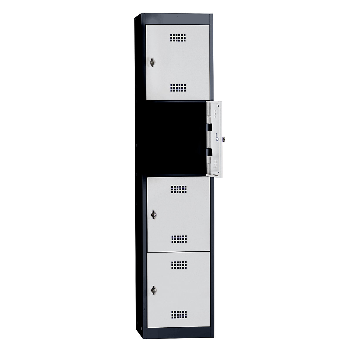 Steel locker, flat pack – Wolf, hinged door, 4 compartments, height 410 mm, width 400 mm, standard element, charcoal / light grey-23