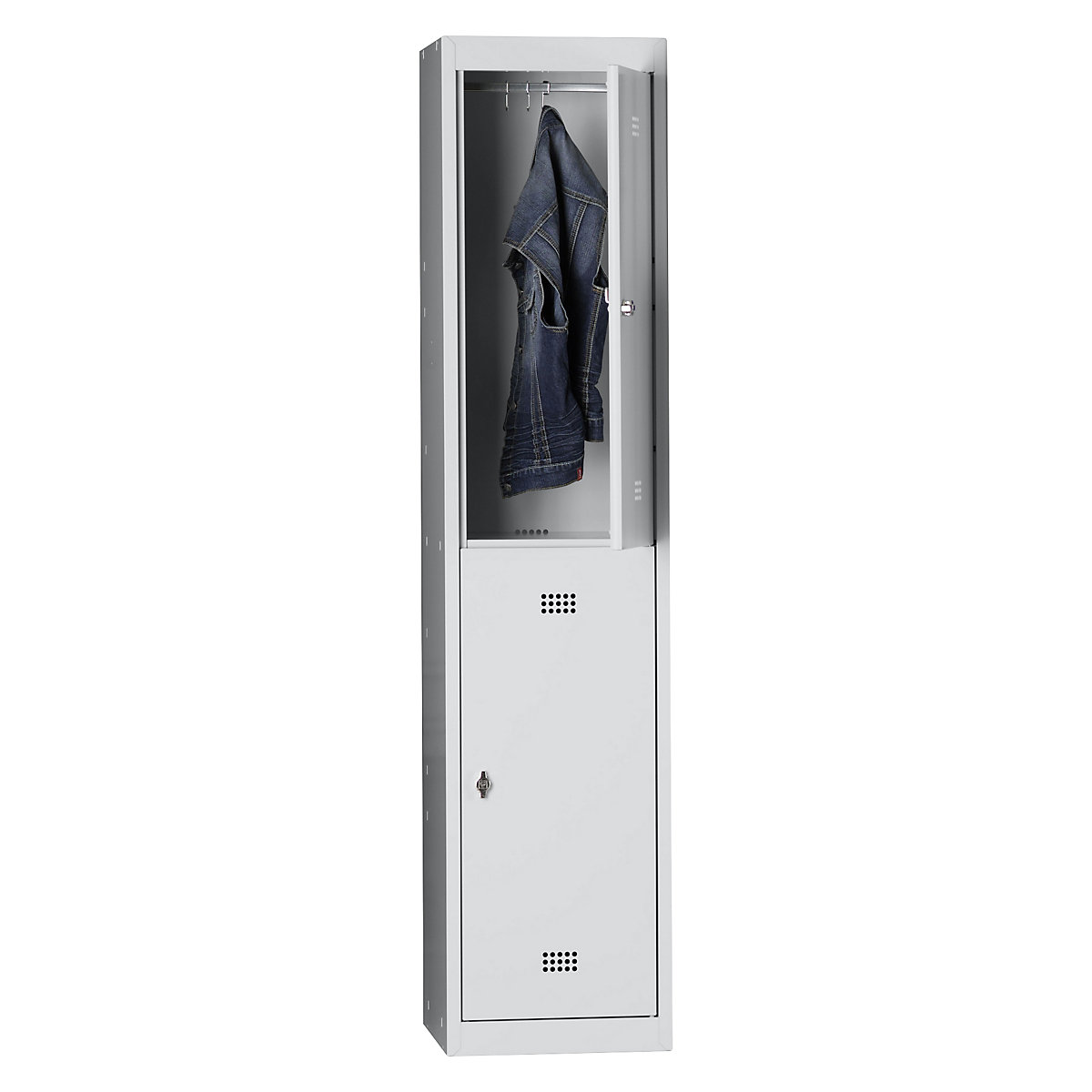 Steel locker – Wolf, stove enamelled, 2 compartments, height 840 mm, width 400 mm, 1 clothes rail, standard element, light grey / light grey-6