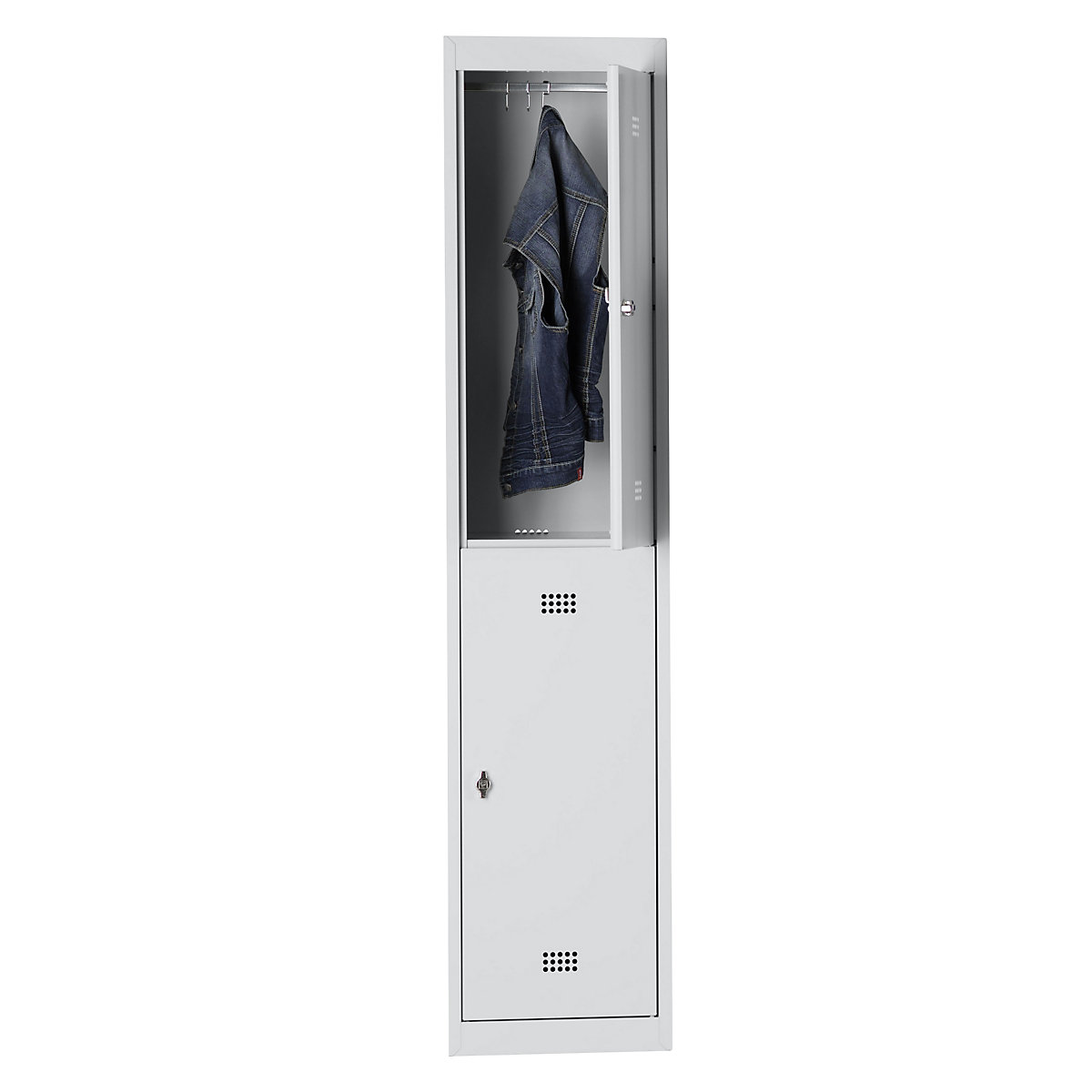 Steel locker – Wolf, stove enamelled, 2 compartments, height 840 mm, width 400 mm, 1 clothes rail, extension element, light grey / light grey-5