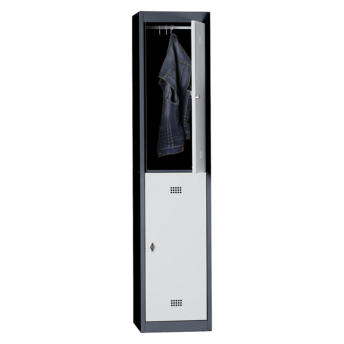 Steel locker – Wolf, stove enamelled, 2 compartments, height 840 mm, width 400 mm, 1 clothes rail, standard element, charcoal / light grey-4