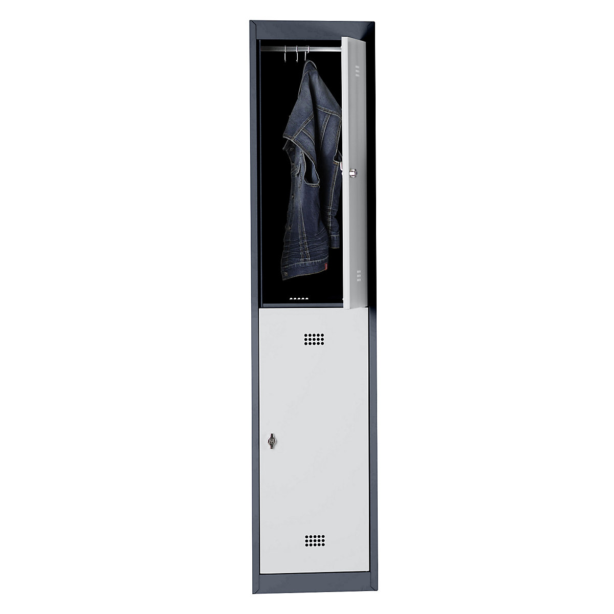 Steel locker – Wolf, stove enamelled, 2 compartments, height 840 mm, width 400 mm, 1 clothes rail, extension element, charcoal / light grey-9