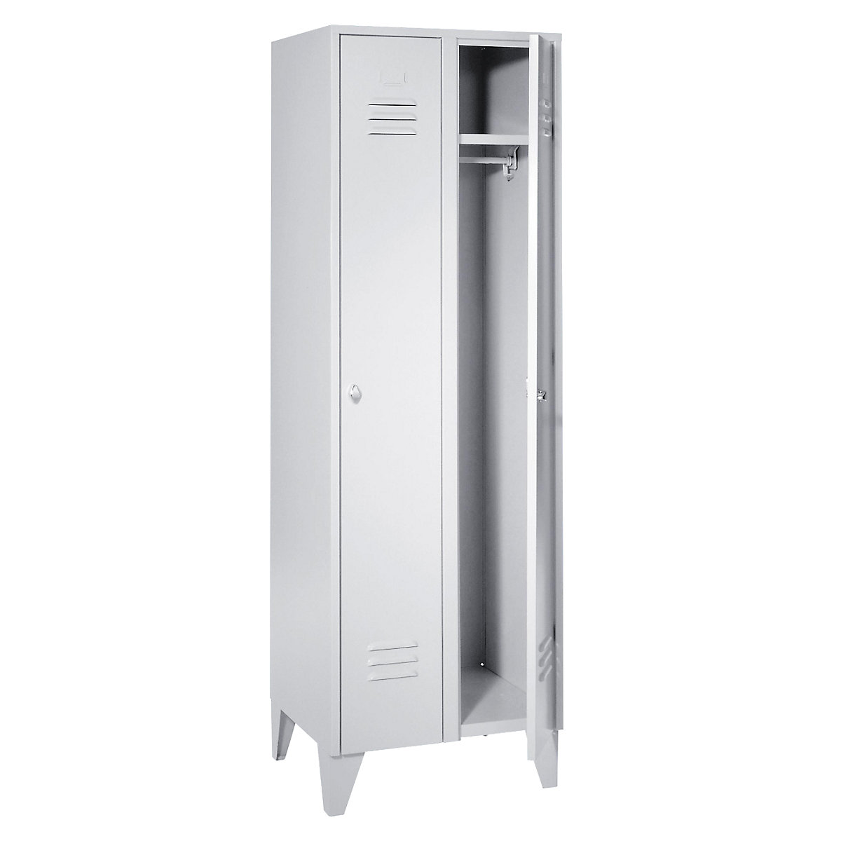 Steel locker with stud feet – Wolf, full height compartments, solid doors, compartment width 300 mm, 2 compartments, light grey-65