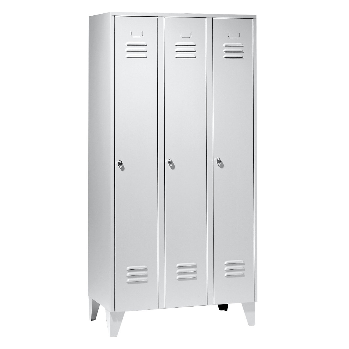 Steel locker with stud feet – Wolf, full height compartments, solid doors, compartment width 300 mm, 3 compartments, light grey-52