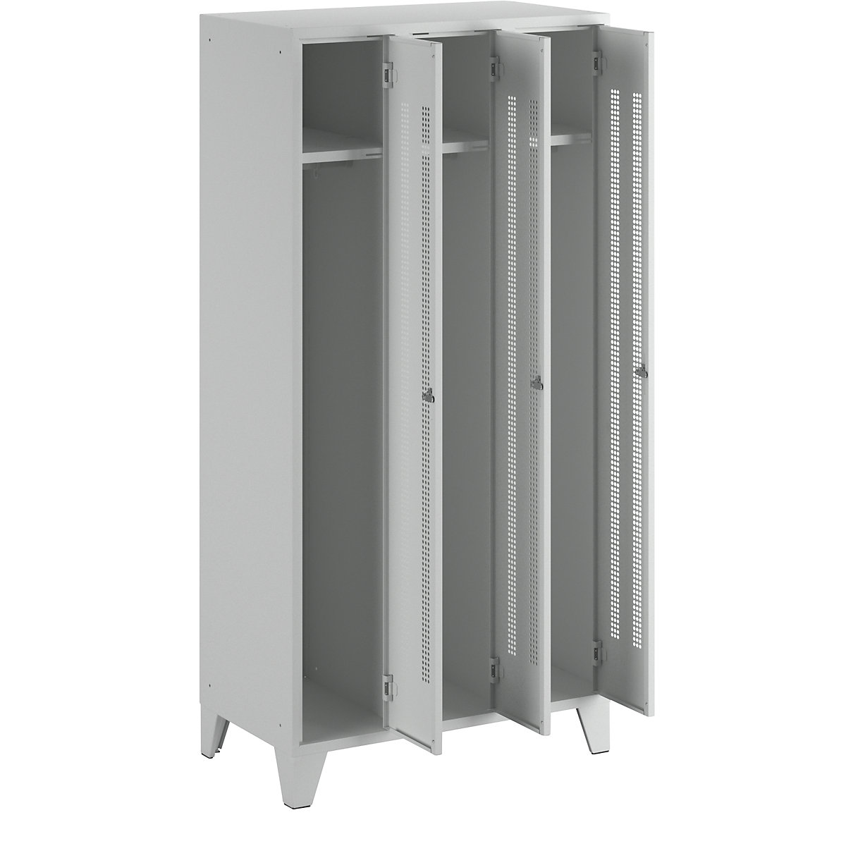 Steel locker with stud feet – Wolf, full height compartments, perforated sheet metal doors, compartment width 300 mm, 3 compartments, light grey-32