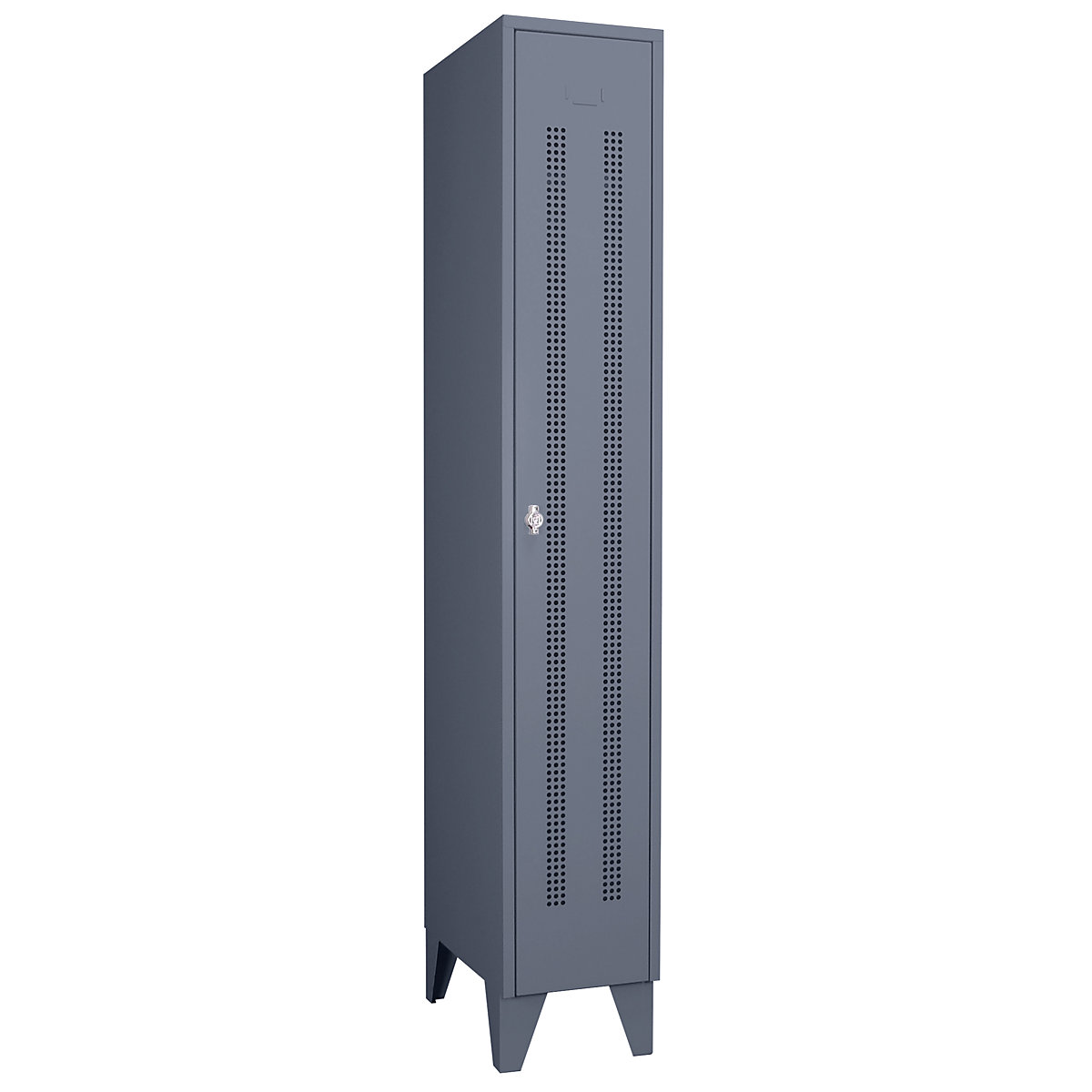 Steel locker with stud feet – Wolf, full height compartments, perforated sheet metal doors, compartment width 300 mm, 1 compartment, blue grey-14