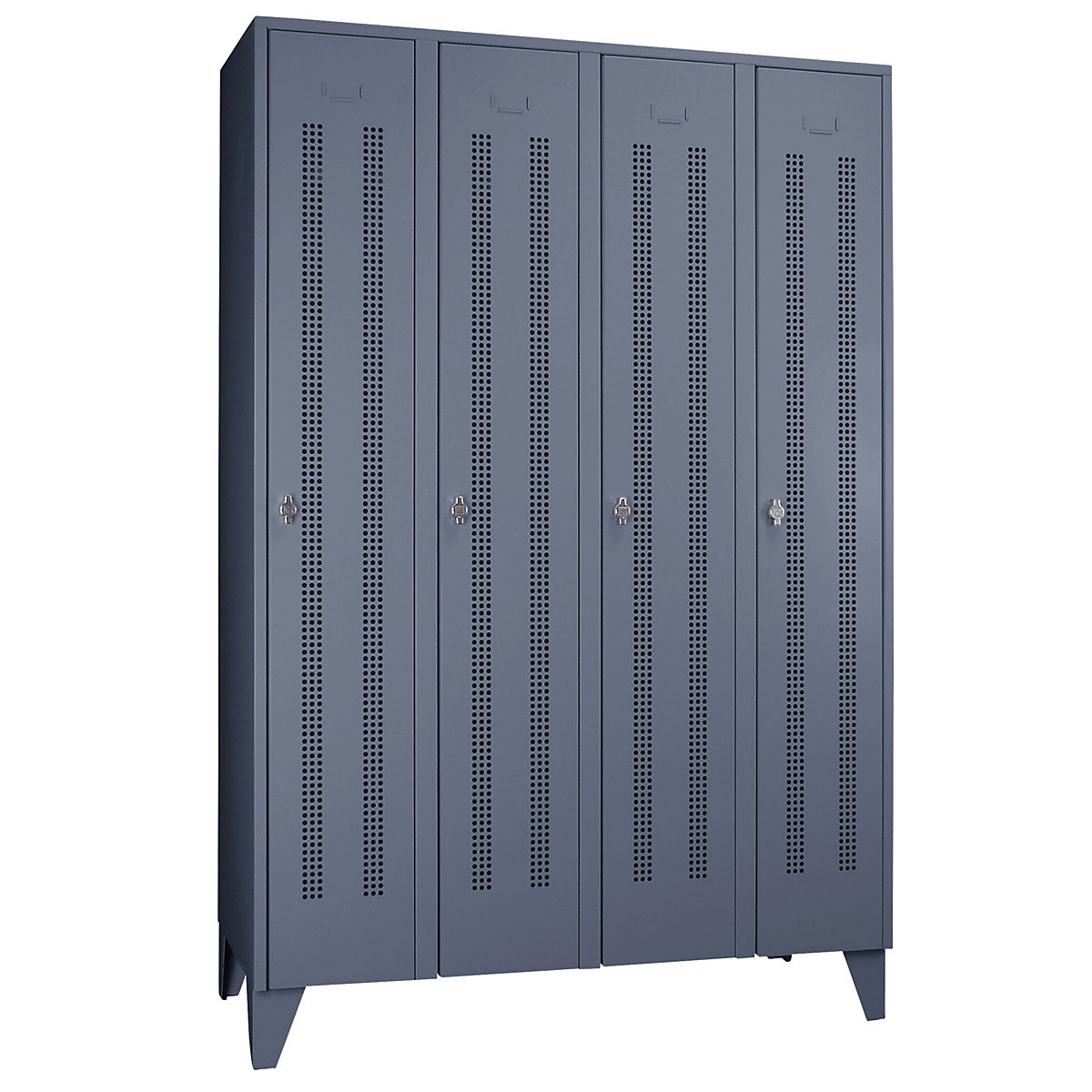 Steel locker with stud feet – Wolf, full height compartments, perforated sheet metal doors, compartment width 300 mm, 4 compartments, blue grey-66