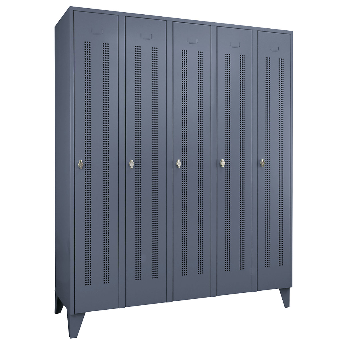 Steel locker with stud feet – Wolf, full height compartments, perforated sheet metal doors, compartment width 300 mm, 5 compartments, blue grey-40