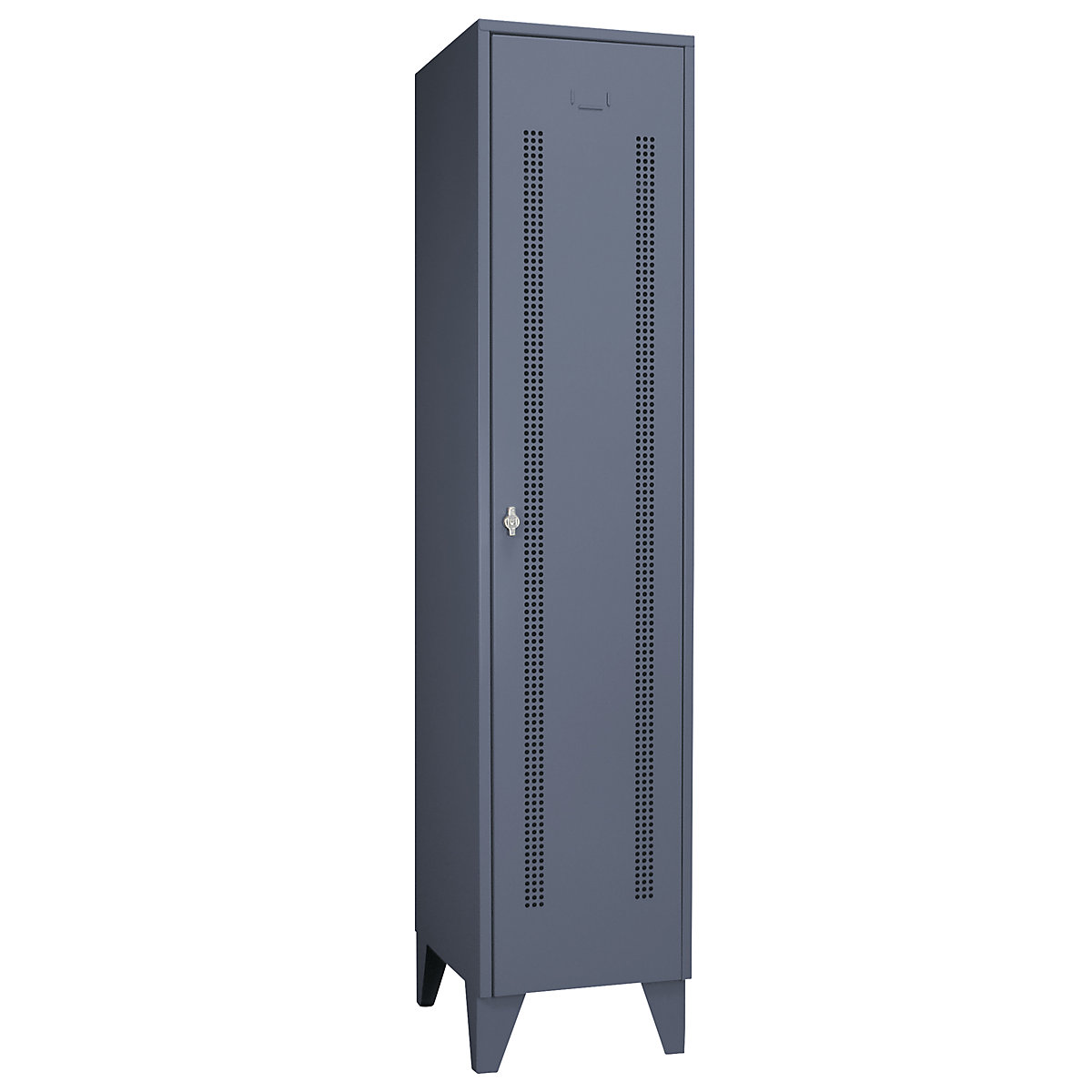 Steel locker with stud feet – Wolf, full height compartments, perforated sheet metal doors, compartment width 400 mm, 1 compartment, blue grey-48