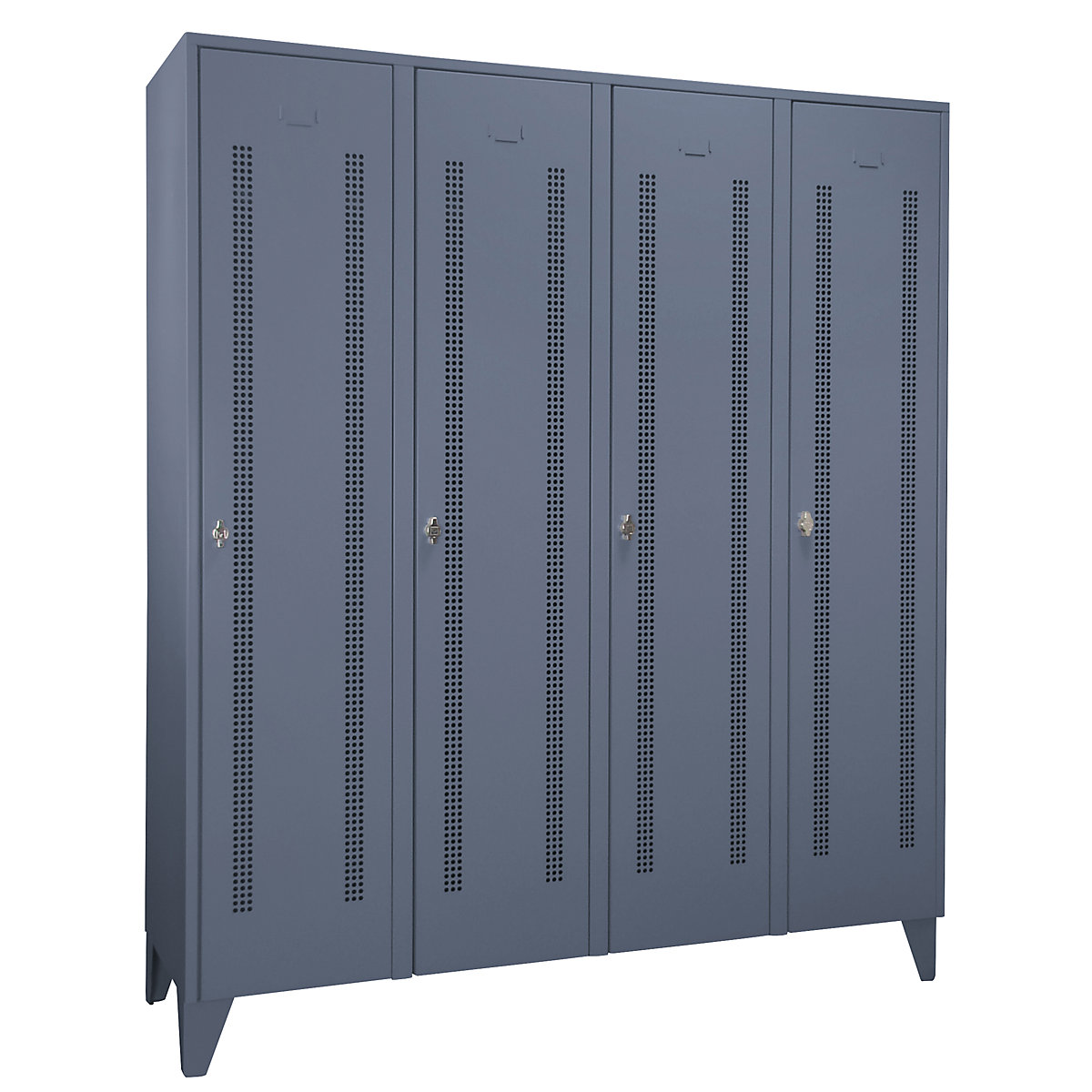 Steel locker with stud feet – Wolf, full height compartments, perforated sheet metal doors, compartment width 400 mm, 4 compartments, blue grey-53