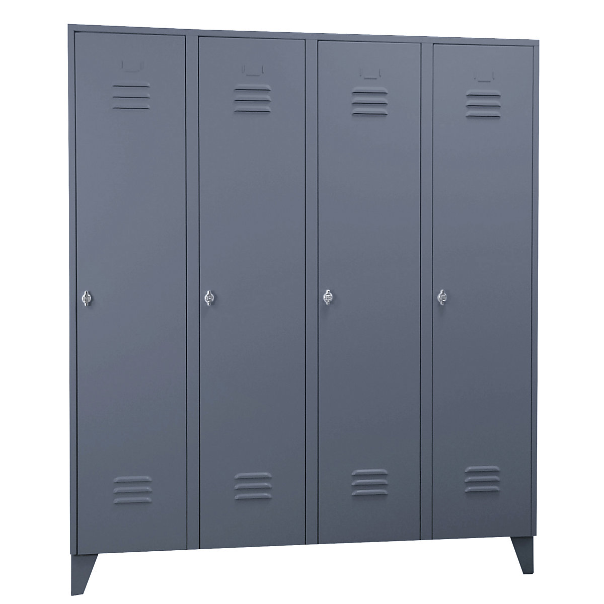 Steel locker with stud feet – Wolf, full height compartments, solid doors, compartment width 400 mm, 4 compartments, blue grey-49