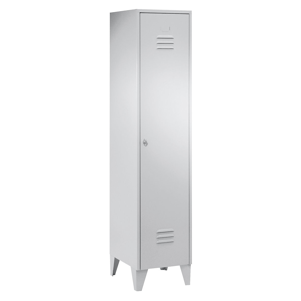 Steel locker with stud feet – Wolf, full height compartments, solid doors, compartment width 400 mm, 1 compartment, light grey-35