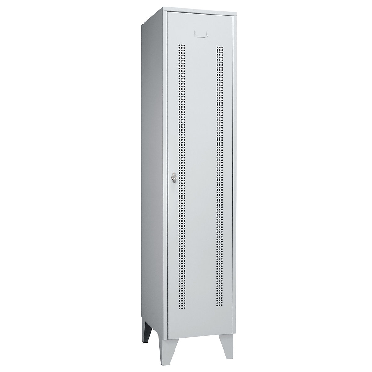 Steel locker with stud feet – Wolf, full height compartments, perforated sheet metal doors, compartment width 400 mm, 1 compartment, light grey-47