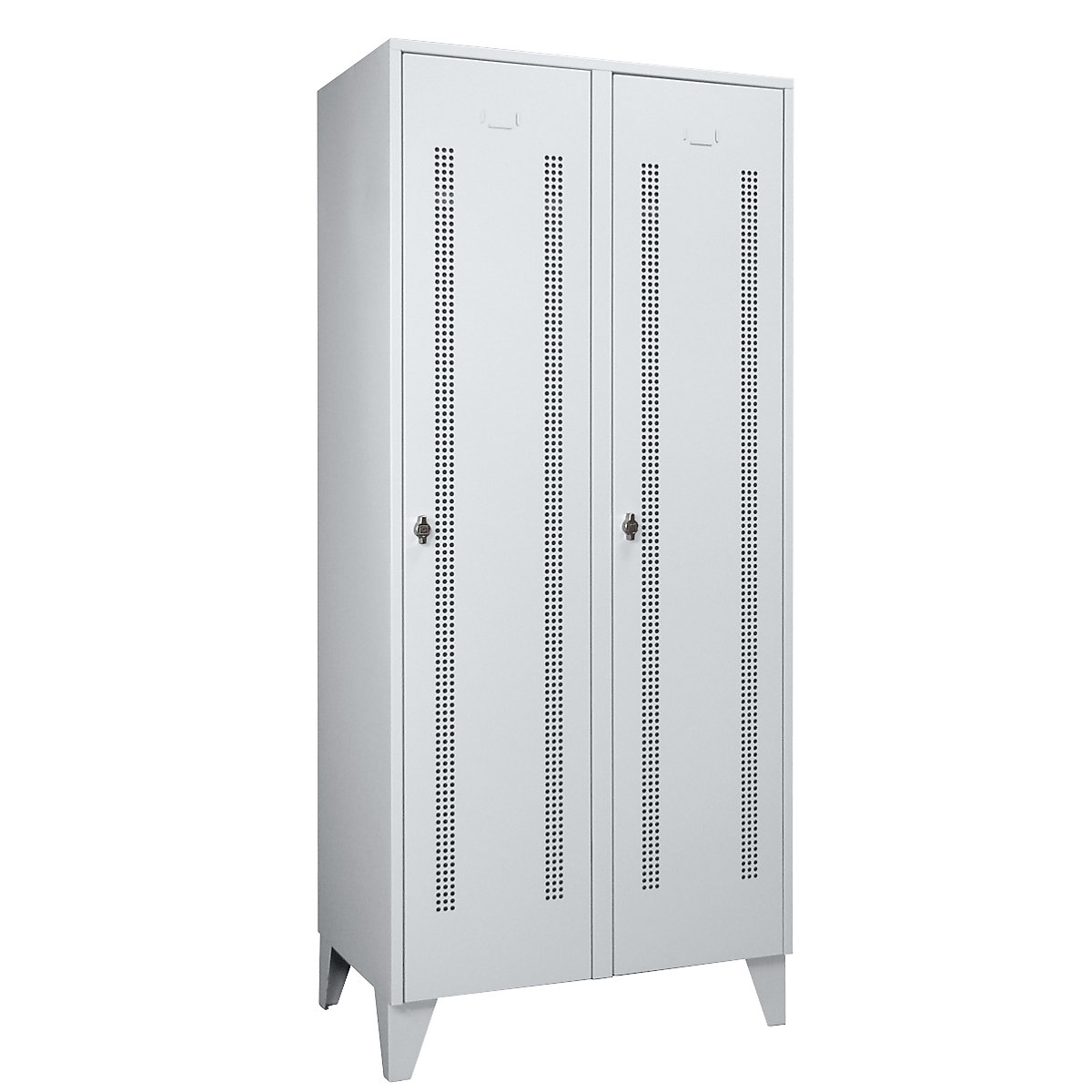 Steel locker with stud feet – Wolf, full height compartments, perforated sheet metal doors, compartment width 400 mm, 2 compartments, light grey-7