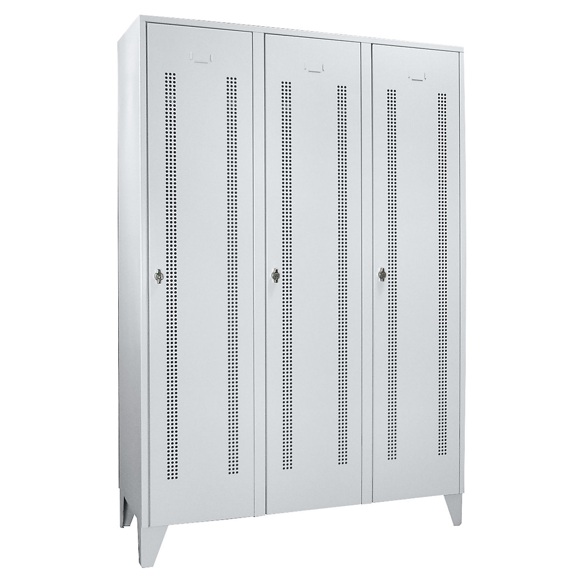 Steel locker with stud feet – Wolf, full height compartments, perforated sheet metal doors, compartment width 400 mm, 3 compartments, light grey-9