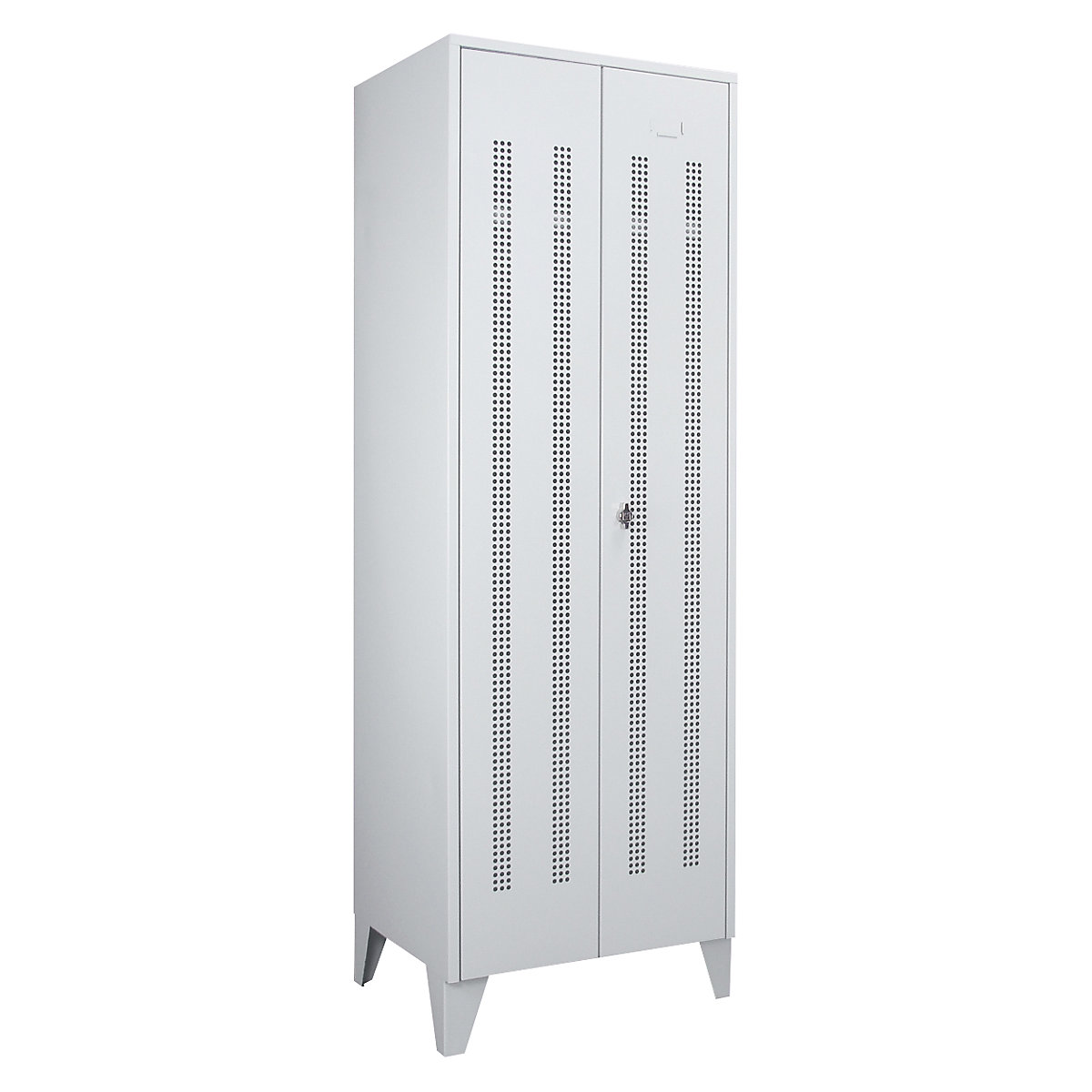 Steel locker with stud feet – Wolf, full height compartments, perforated sheet metal doors, compartment width 600 mm, 1 compartment, light grey-38