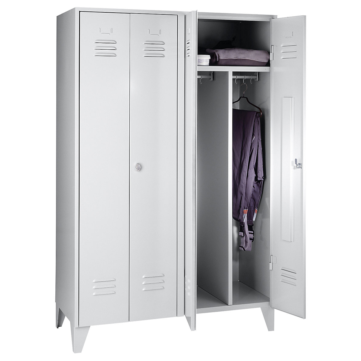 Steel locker with stud feet – Wolf, full height compartments, solid doors, compartment width 600 mm, 2 compartments, light grey-20