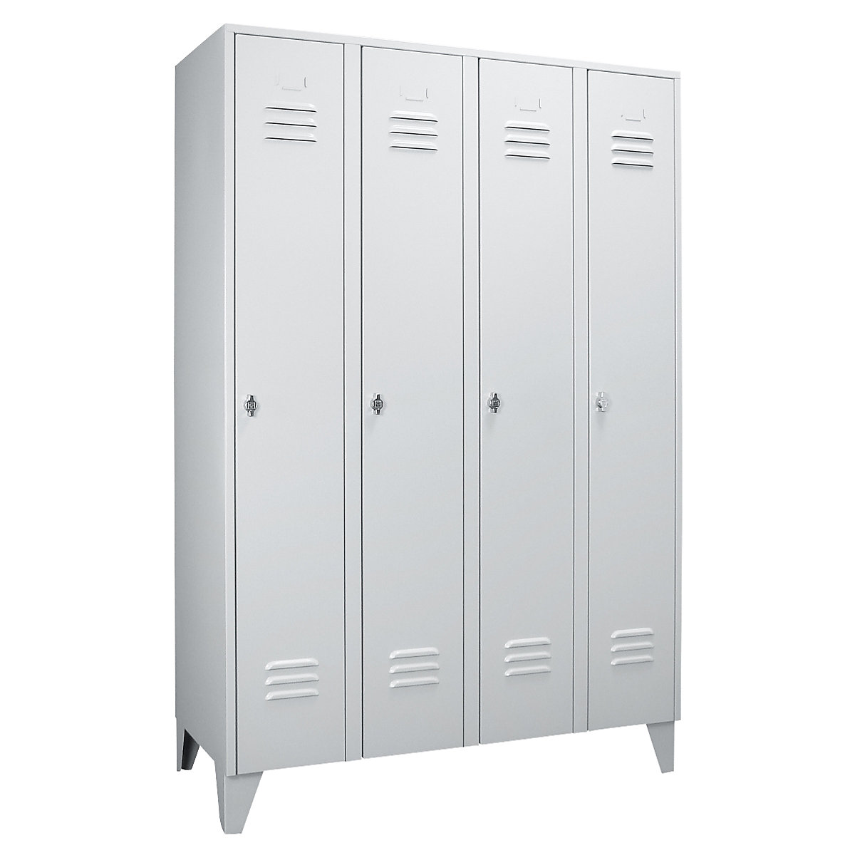 Steel locker with stud feet – Wolf, full height compartments, solid doors, compartment width 300 mm, 4 compartments, light grey-69