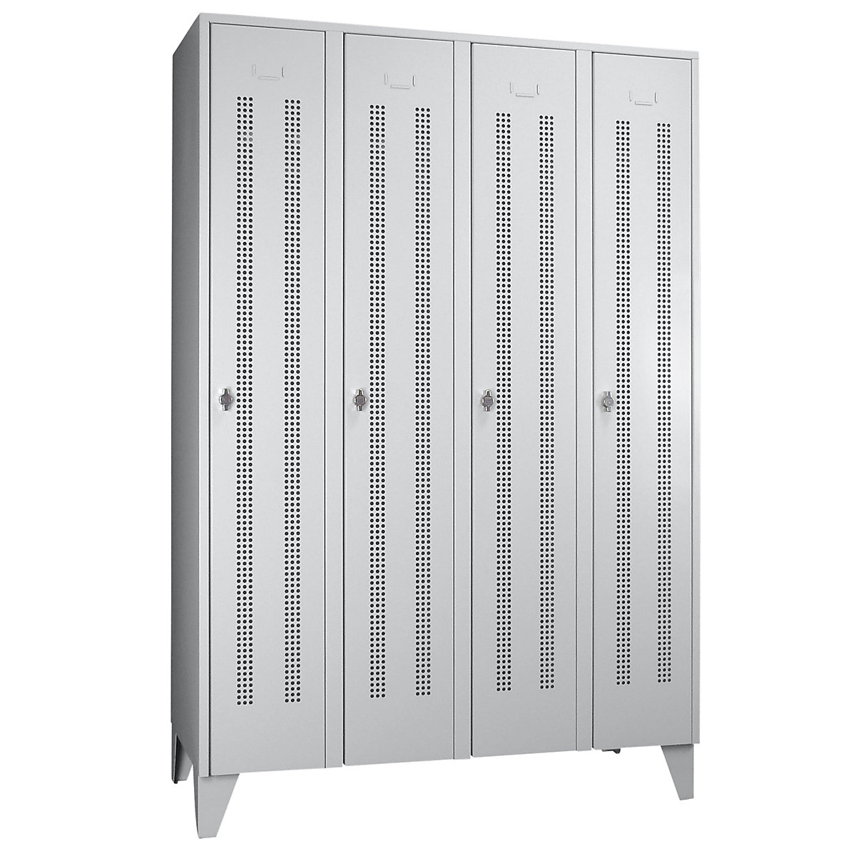 Steel locker with stud feet – Wolf, full height compartments, perforated sheet metal doors, compartment width 300 mm, 4 compartments, light grey-15