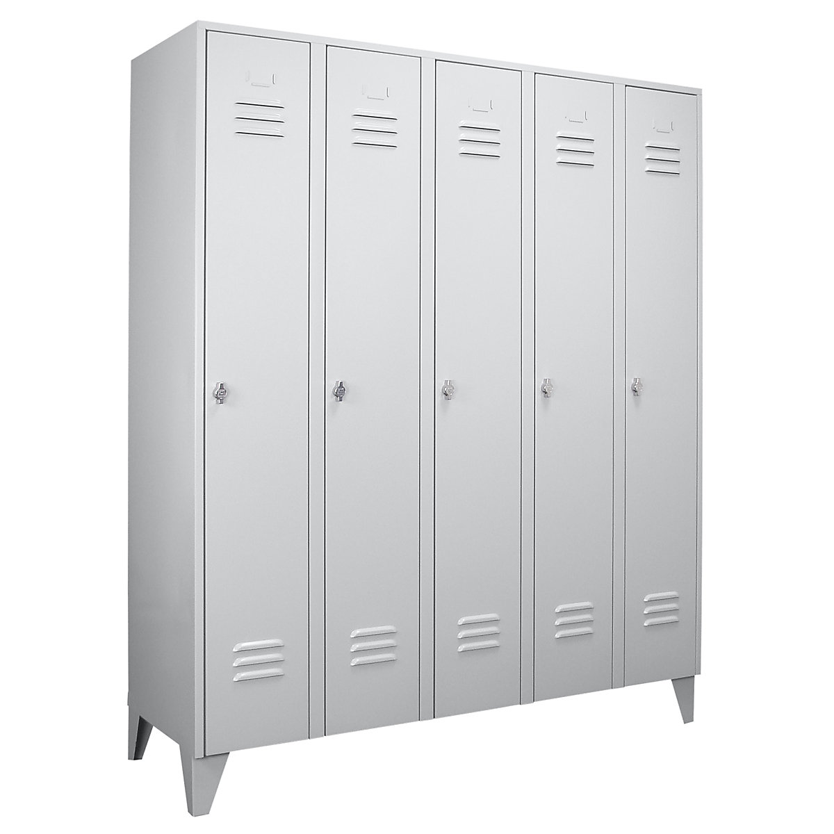 Steel locker with stud feet – Wolf, full height compartments, solid doors, compartment width 300 mm, 5 compartments, light grey-39