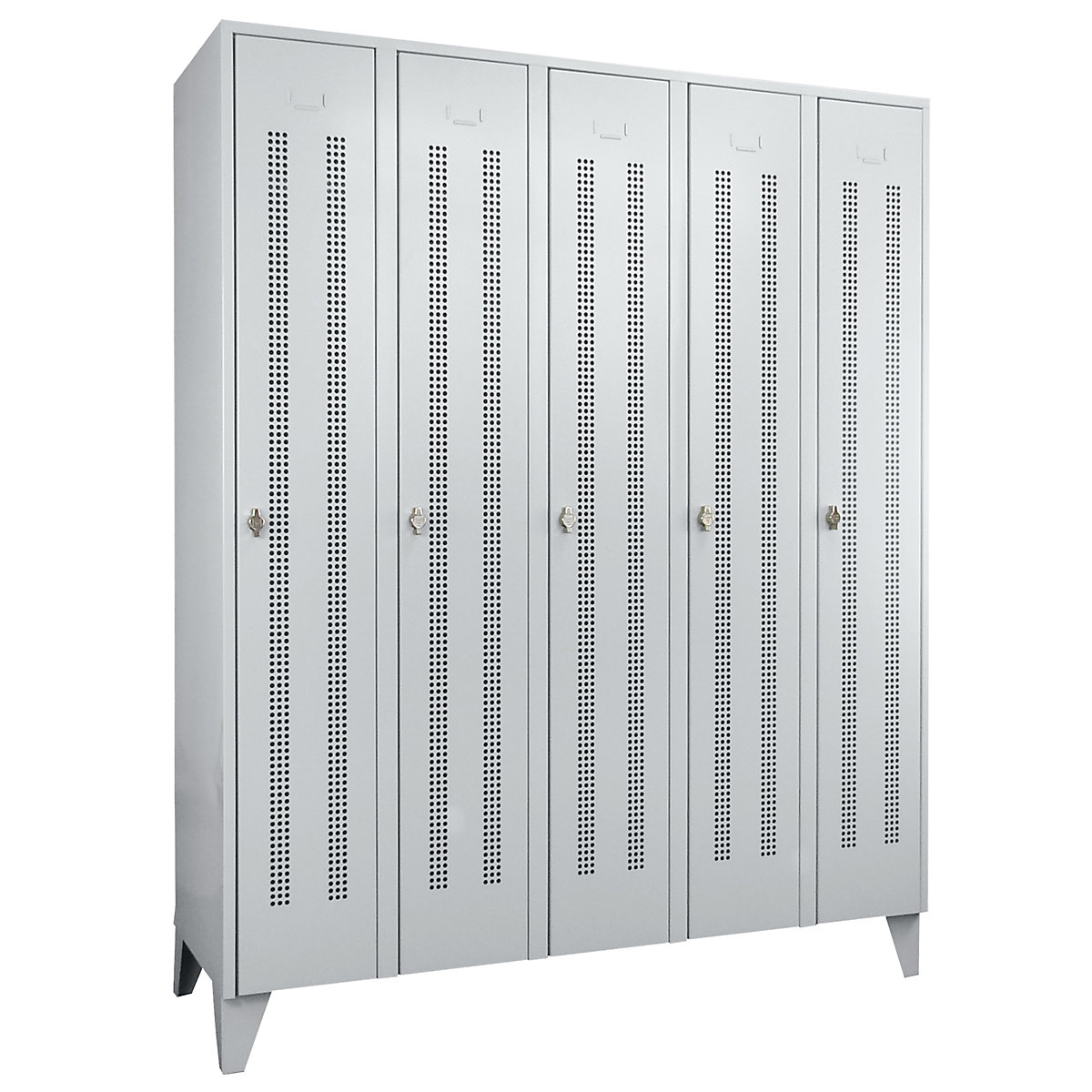 Steel locker with stud feet – Wolf, full height compartments, perforated sheet metal doors, compartment width 300 mm, 5 compartments, light grey-62